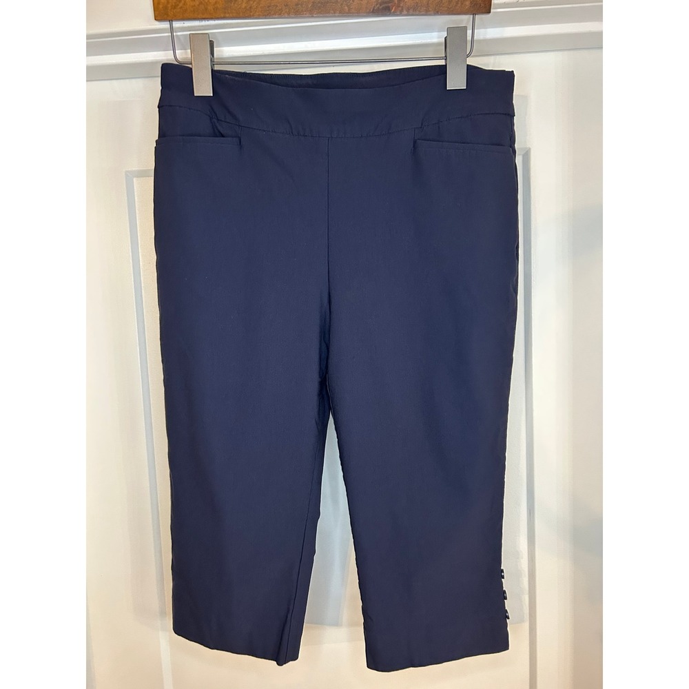 Chico's Navy Blue Pull On Capri Pants Button Hem Size 0.5 US 8 Cropped Trousers